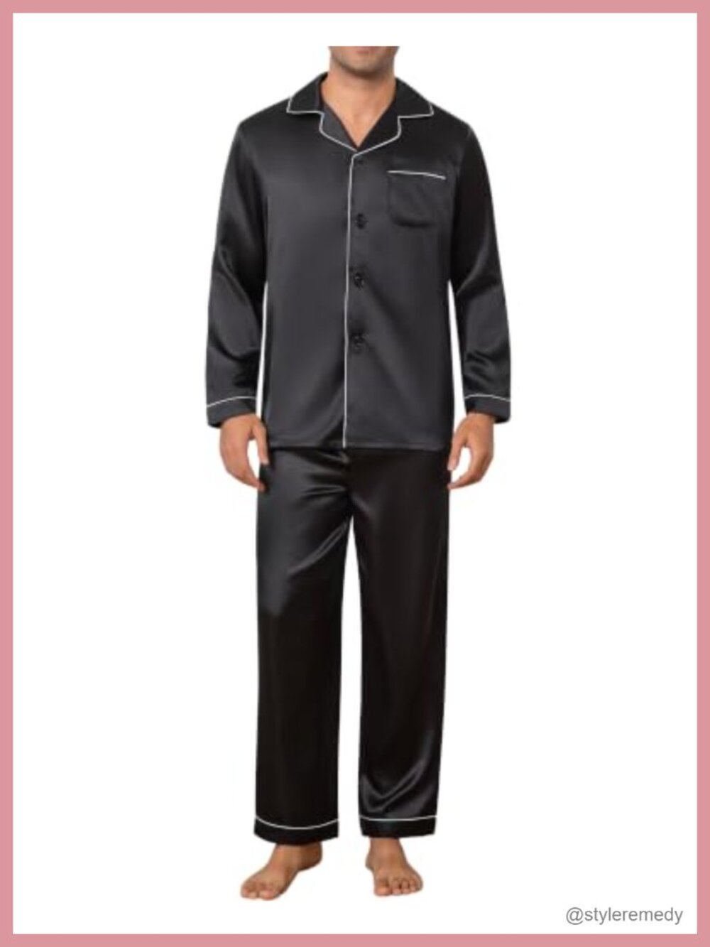 Men's Satin Pajama Set Long Sleeve Button Down Silky PJs Set